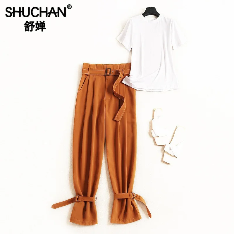 

Shuchan Two Piece Set Top and Pants Office Lady Knitted Trouser Suit Designer 2 Pieces Set Woman Clothing Women's Suits 51652