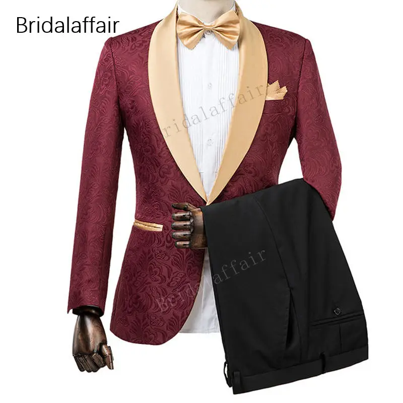 

Wonderful Groomsmen Tuxedos Burgundy Jacquard Blazer Men Suit Set For Wedding Prom Formal Mens Suits 2 Piece 2018 (Jacket+Pants)