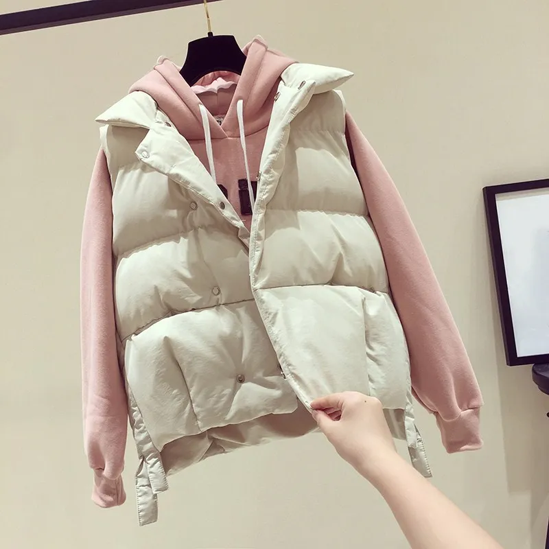 New Arrival Women Mandarin Collar Down Vests Solid Autumn Winter Sleeveless Cotton Parkas Casual Apricot Short Waistcoat