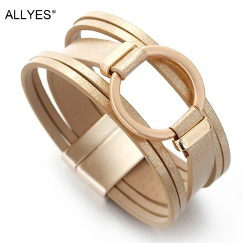 

ALLYES Circle Charm Leather Bracelets For Women 2020 Fashion Ladies Wide Wrap Multilayer Bracelet Femme Jewelry Girlfriend Gift