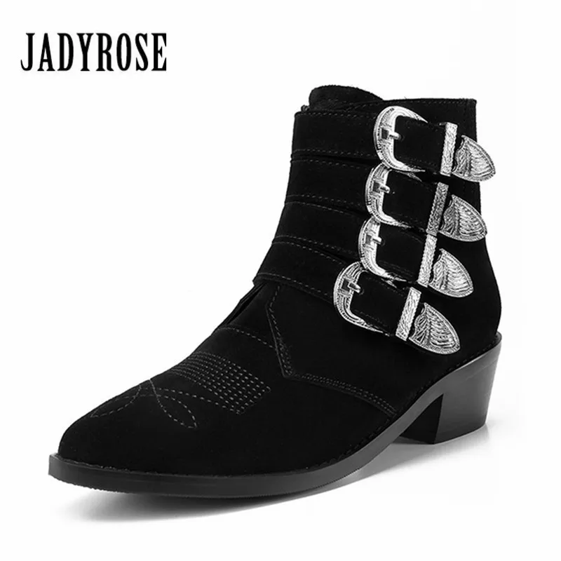Jady Rose 2018 New Black Suede Women Ankle Boots Ladies Autumn Winter Thick Heel Rubber Boots Buckles Embroidered Martin Botas