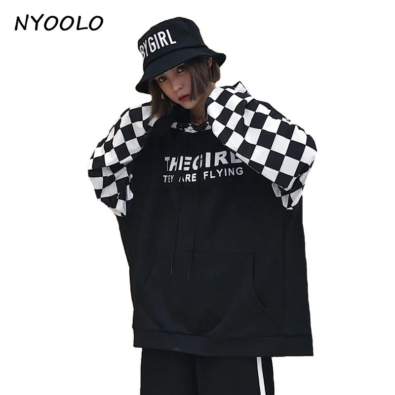 NYOOLO, уличная одежда, хип-хоп топы, большие размеры, с буквенным принтом, в клетку, лоскутные пуловеры, толстовка с капюшоном для женщин/мужчин, BF, свободная одежда