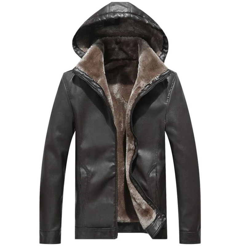 Кожаная куртка для мужчин, меховая теплая мотоциклетная кожаная куртка, Мужская зимняя ветровка, утолщенное флисовое пальто с капюшоном, верхняя одежда