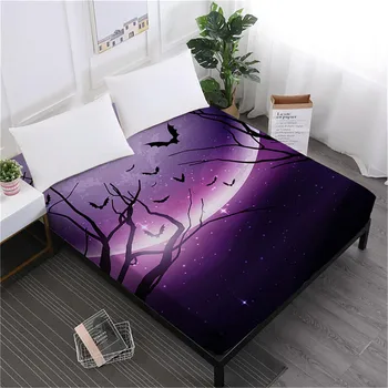 

Halloween Starry Night Bed Sheet Black Purple Moon Fitted Sheet Cartoon Witch Print Bedclothes Mattress Cover Home Decor D49