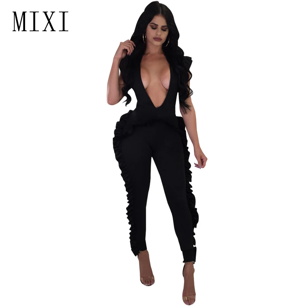 

MIXI Women Ruffle Jumpsuit Rompers 2019 Summer Sleeveless Elegant Ladies Bodycon Jumpsuit Skinny Long Pant Casual Party Overalls