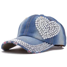 Корейский стиль Женская джинсовая бейсболка в форме сердца со стразами Женская шапка s для весны/лета/осени/победителя
