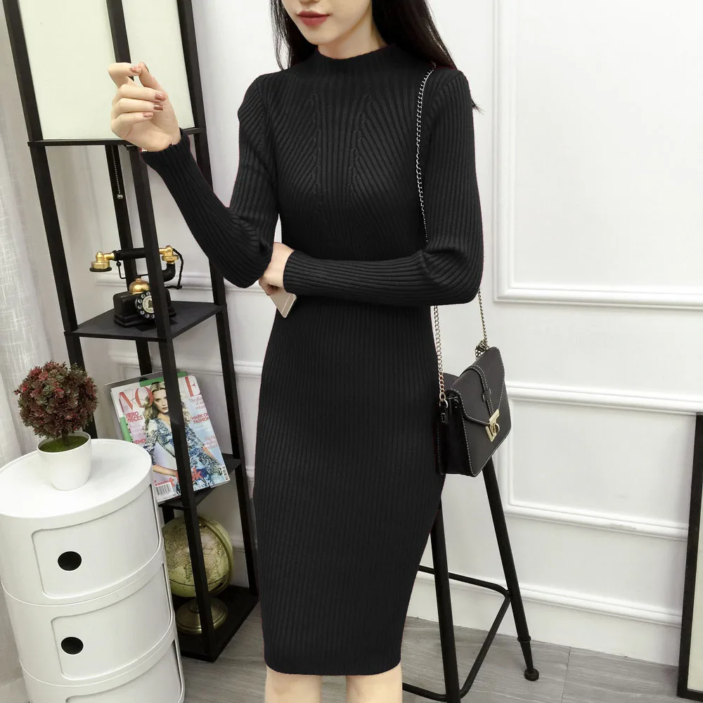 Женское трикотажное платье свитер средней длины с высоким воротником|knitted dress|midi