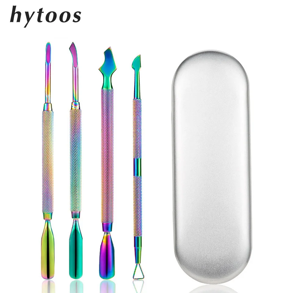 

HYTOOS 4Pcs/set Nail Cuticle Pusher Clipper Scissor Chameleon Rainbow Stainless Nipper Tweezer Picker Manicure Kit Nail Art Tool