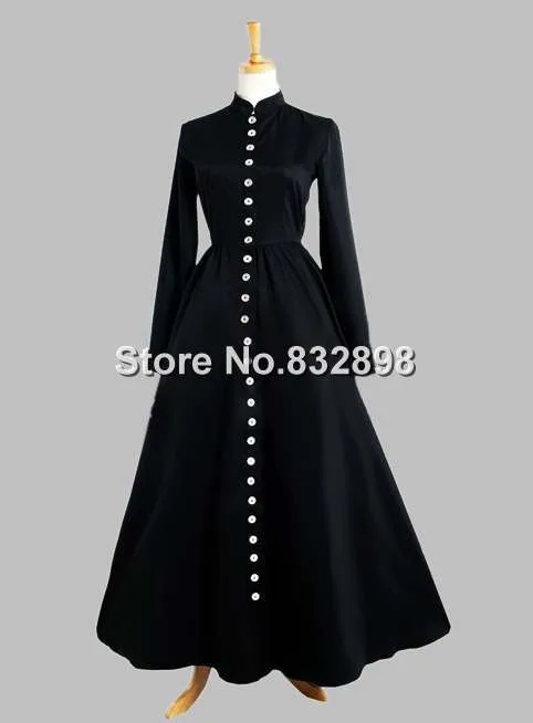 Botão na Parte da Frente da Era Vestido de Seda Gótico Preto Vitoriana Tailandesa 1 da Era Vitoriana Vestido de Seda Tailandesa