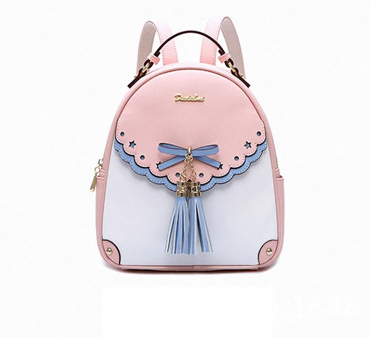 

DuoLaiMi 2017 New Arrival Backpacks Fashion PU Leather Shoulder Bag Bow Patchwork Tassel Backpack Lace Girl School Bags Rivet