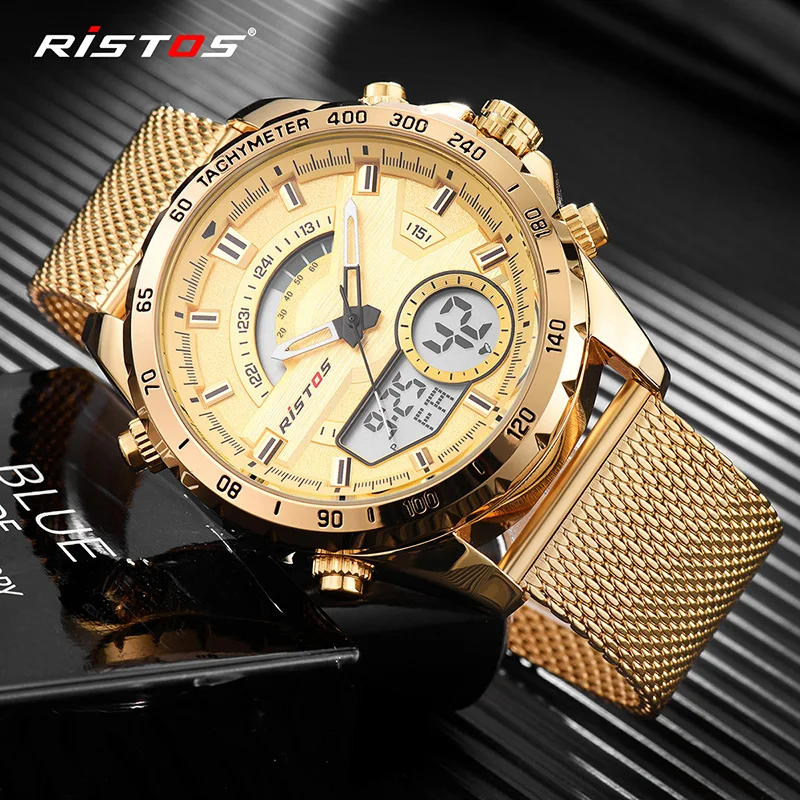 RISTOS модные часы Relojes Masculino Hombre, многофункциональные мужские спортивные часы со стальным плетением, цифровые наручные часы с хронографом для мужчин 9361