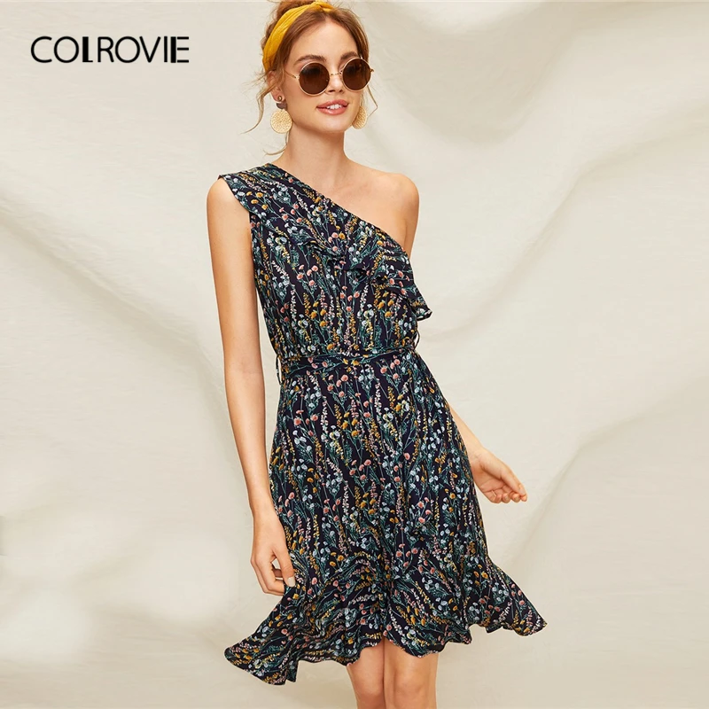 

COLROVIE Navy Ruffle Trim Calico Print One Shoulder Bohemian Dress Women 2019 Summer Style Casual Holiday Mini Ladies Dresses