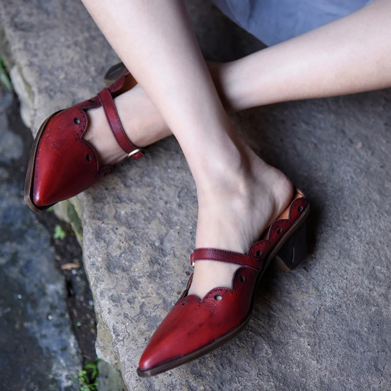 

Artmu Original Retro Hollowed-out Pointed Toe Women Sandals Outdoor Belt Buckle Thick Heels Genuine Leather Handmade Slippers