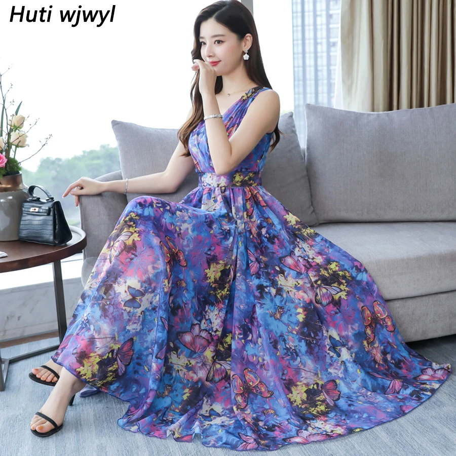 

2019 Print Chiffon Sleeveless Sexy Boho Dresses Summer Vintage 4XL Plus Size Maxi Sundress Elegant Women Bodycon Party Vestidos