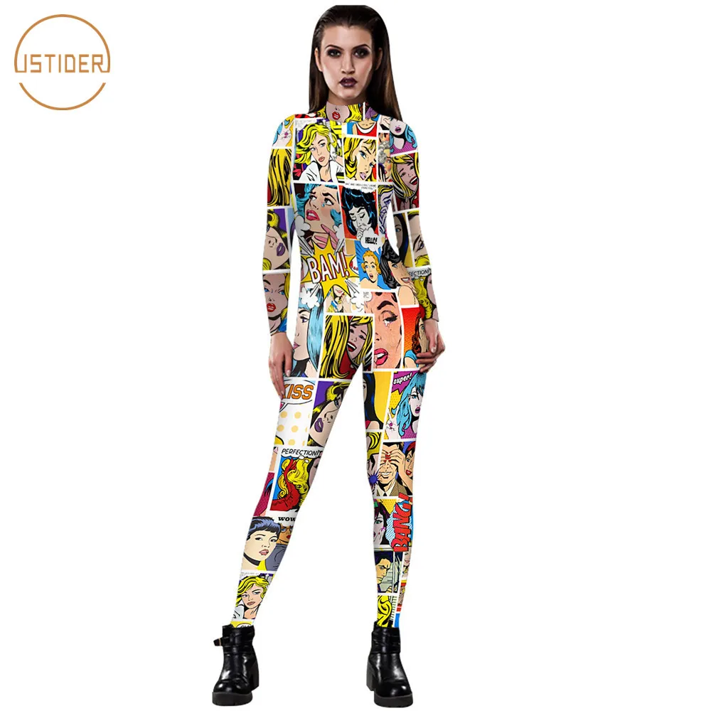 

ISTider Women Jumpsuit 3D Printed Comic Cartoon Sexy Women Long Sleeve Tight Bodysuit Female Rompers Clothing