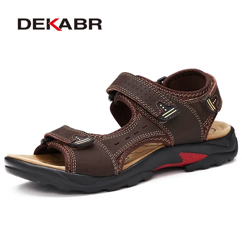 Мужские сандалии больших размеров DEKABR, темно-коричневые модные туфли из натуральной кожи в британском стиле, повседневные массажные нескользящие слиперы на плоской подошве, лето - Цвет: Dark Brown