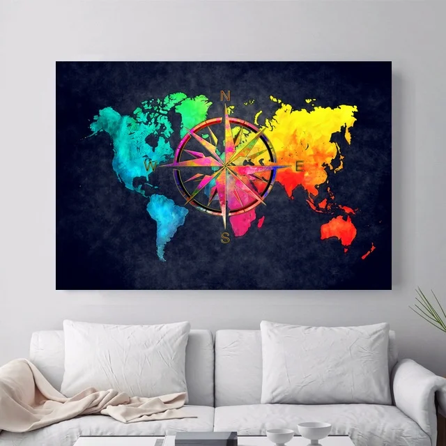 World Map Compass Art Oil Painting Poster Prints Home Wall Decor