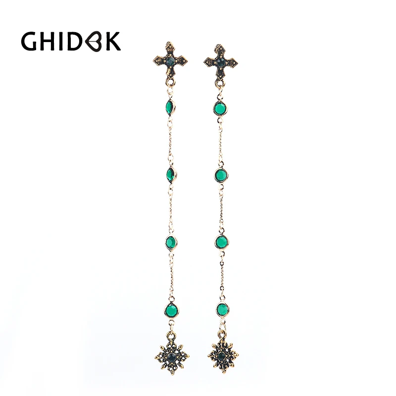 

GHIDBK Gothic Antique Cross Green Crystal Long Drop Earrings for Women Vintage Super Long Earrings Baroque Cross Earring Gifts