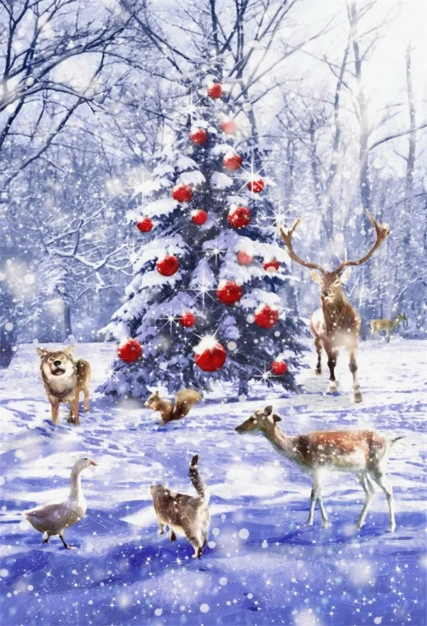 Laeacco Snow Christmas Tree Animals Outdoor Scene Photography