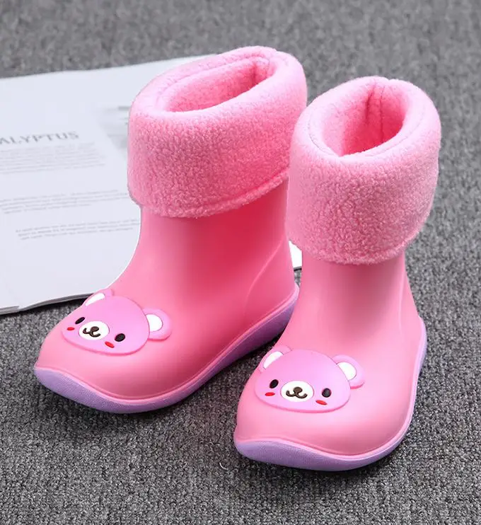 Brand New Kids for Boys Girls Rain Boots Waterproof Baby Non-slip Rubber Water Shoes Children Rainboots four Seasons Removable - Цвет: Pink cotton