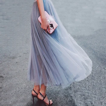 

Blue Gray 2019 Tulle Women's Skirts Ruffle Tiered Ankle-Length Tutu Mesh Custom Made Formal Party Prom Skirts