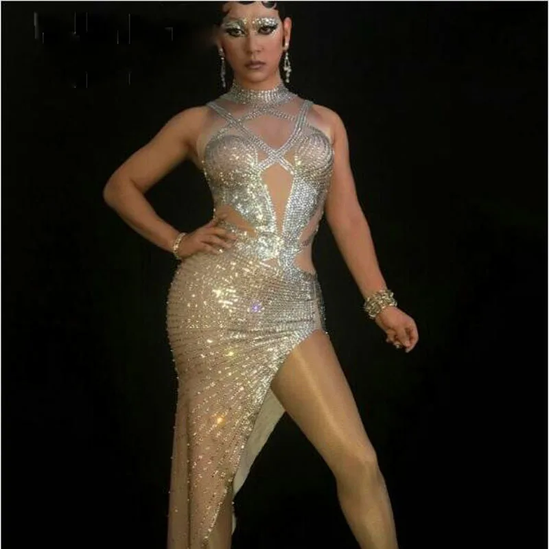 Sparkly Crystals Long Dress Women's sexy Evening Party Costume Stage Wear Women Silver Rhinestones Nude Color Celebrate Dresses (1)