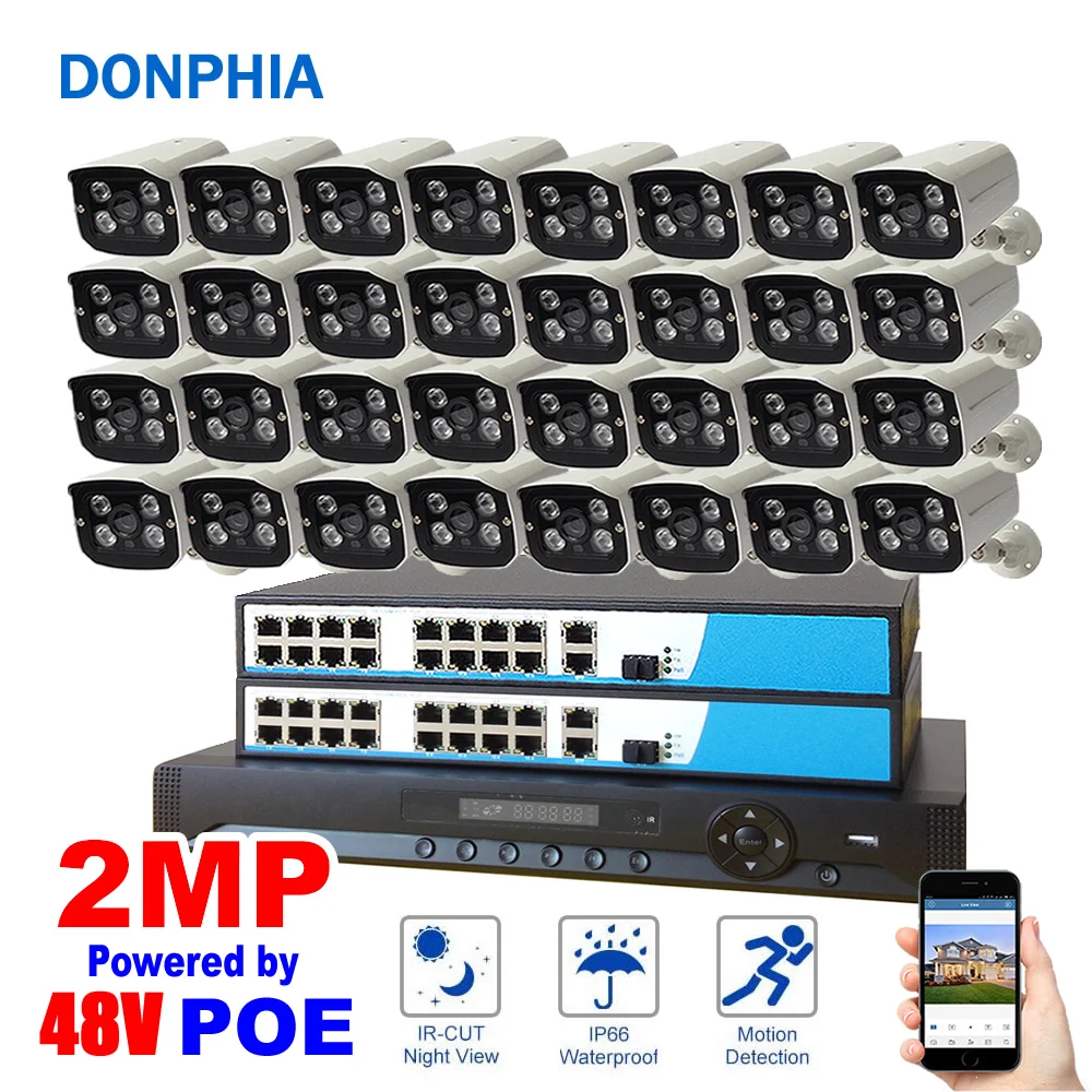 

1080P 32pcs Camera POE Security System 32ch NVR+PoE Switch+2MP IP Camera POE Waterproof Night Vision Surveillance System