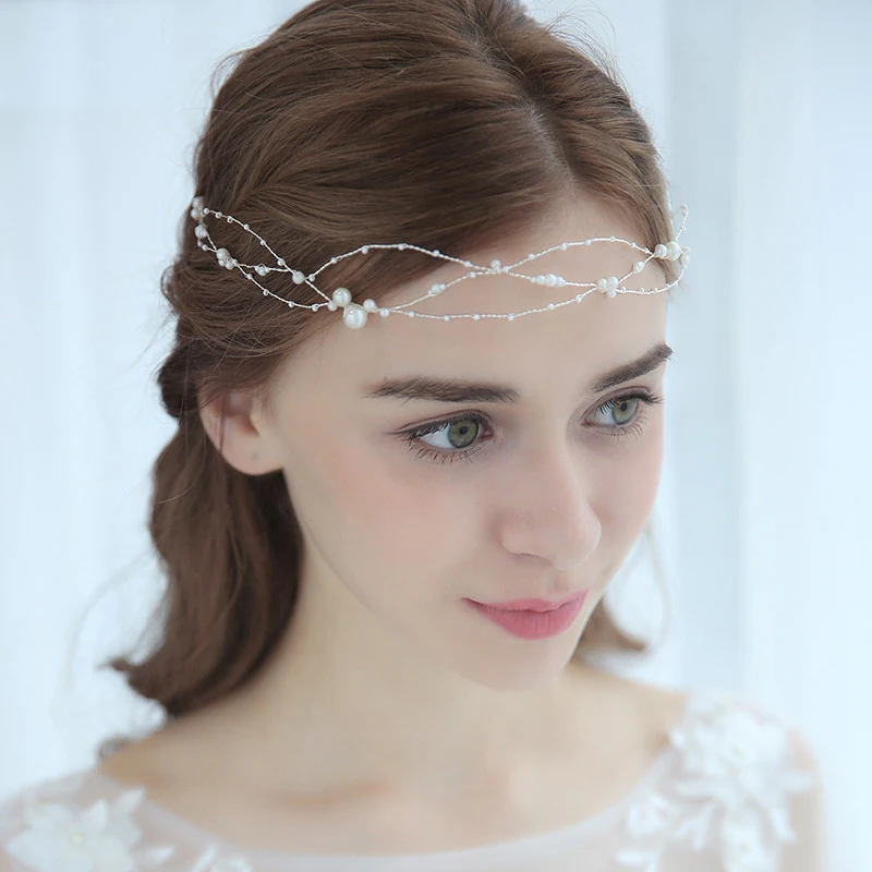 Silver Wired Simulated Pearl Headpiece Head Chain Bridal Headband Tiara