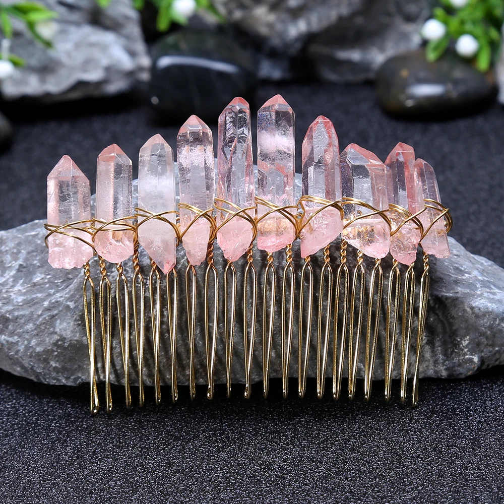 

Aura Quartz Crystal Crown Natural Raw Matte Rainbow Stone Opal Angel Aura Gold Comb Bridal Hair Accessories