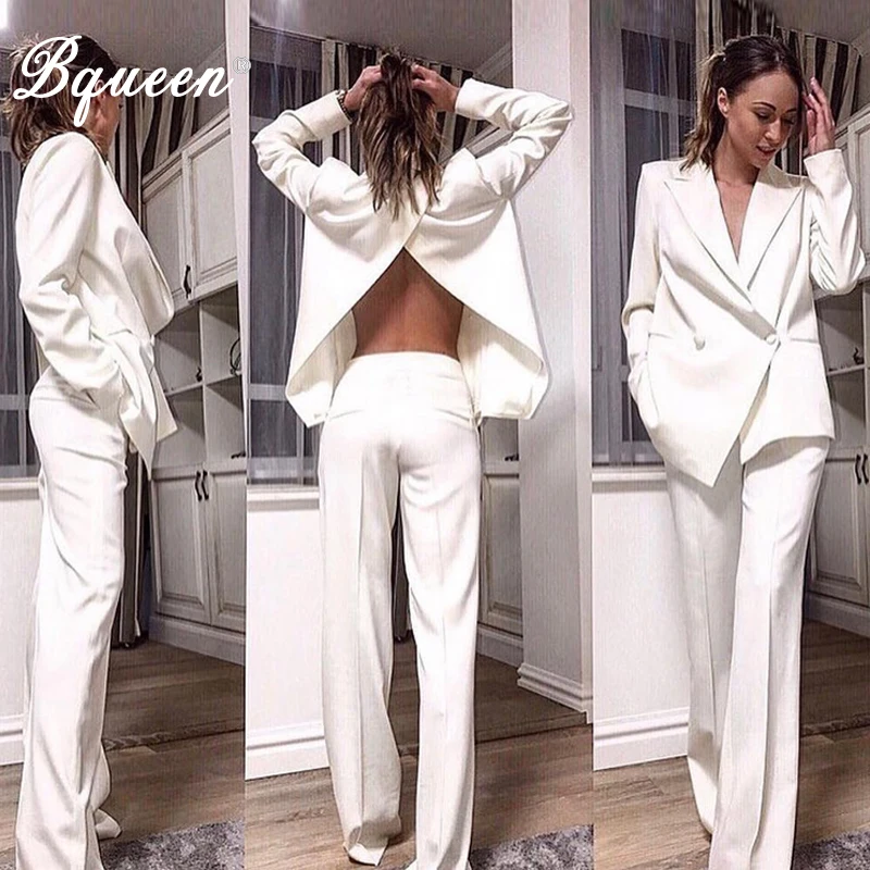 Bqueen 2018 Fashion V-Neck Sexy Blazers Formal Women Elegant Skinny Hollow Out Split Black White Two Pieces Pant Suits Set