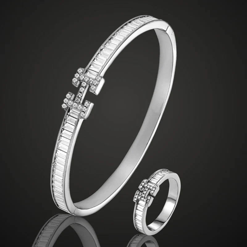 

Blucome AAA Zircon Bangle Ring Jewelry Sets For Bridal Love Bangles & Rings Women's Vintage Bangle&Aneis Ouro Pulseira Mujer
