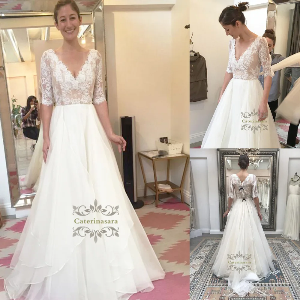 

Intelligent Women Half Sleeves Wedding Dress Lace Chapel Train Bride Gown Girl Bridal Party Sexy V Neck Fishtail Fit and Flare