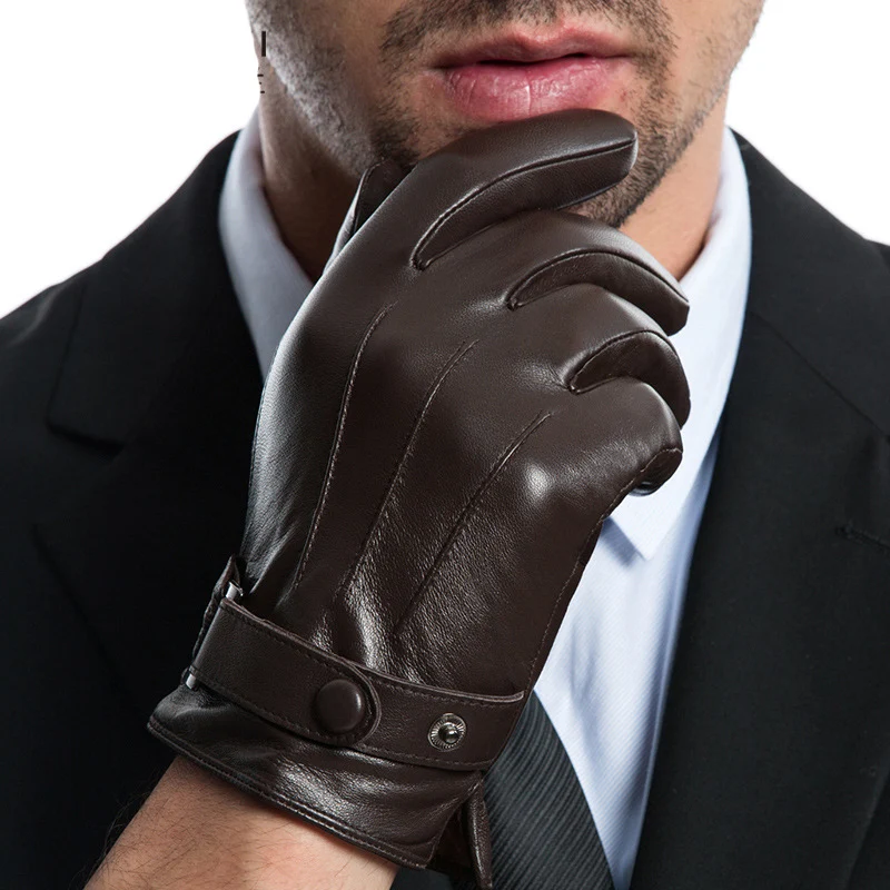 Genuine Leather Gloves Male Wrist Buckle Sheepskin Gloves Winter Keep Warm Touch Screen Driving Man's Mittens MLZ102