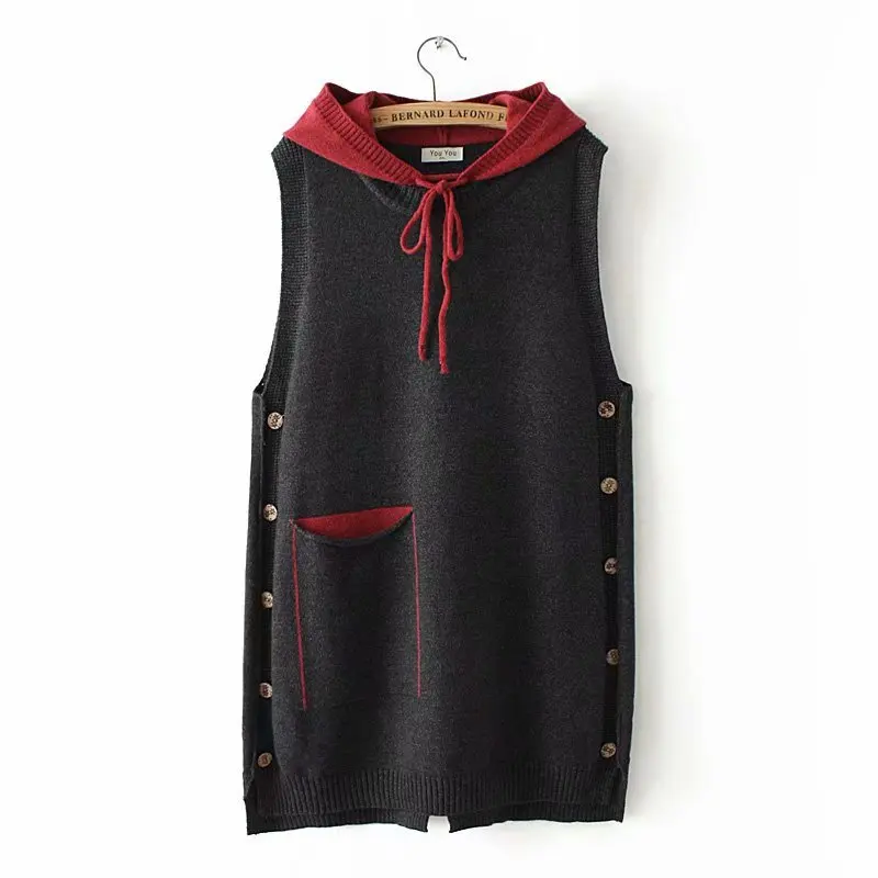 

2019 Plus Size Women Sweaters Spring Clothing Fashion Casual Loose hooded pocket Sleeveless Knit Pullovers E2-8613