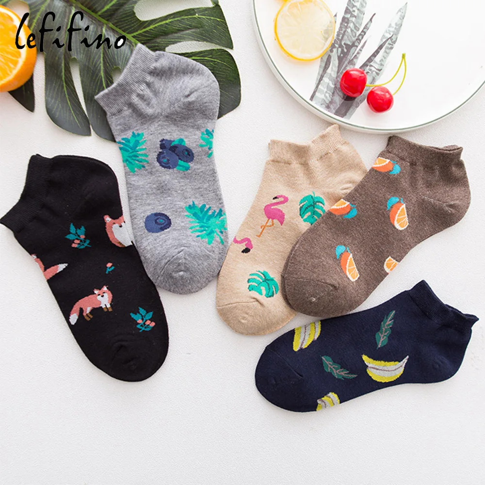 

5 Pairs lot Women Cute Socks Cotton Flamingo Banana Fox Sock Lemon Orange Blueberry Banana Fruit Sock Low Cut Ankle Soks Ne75809