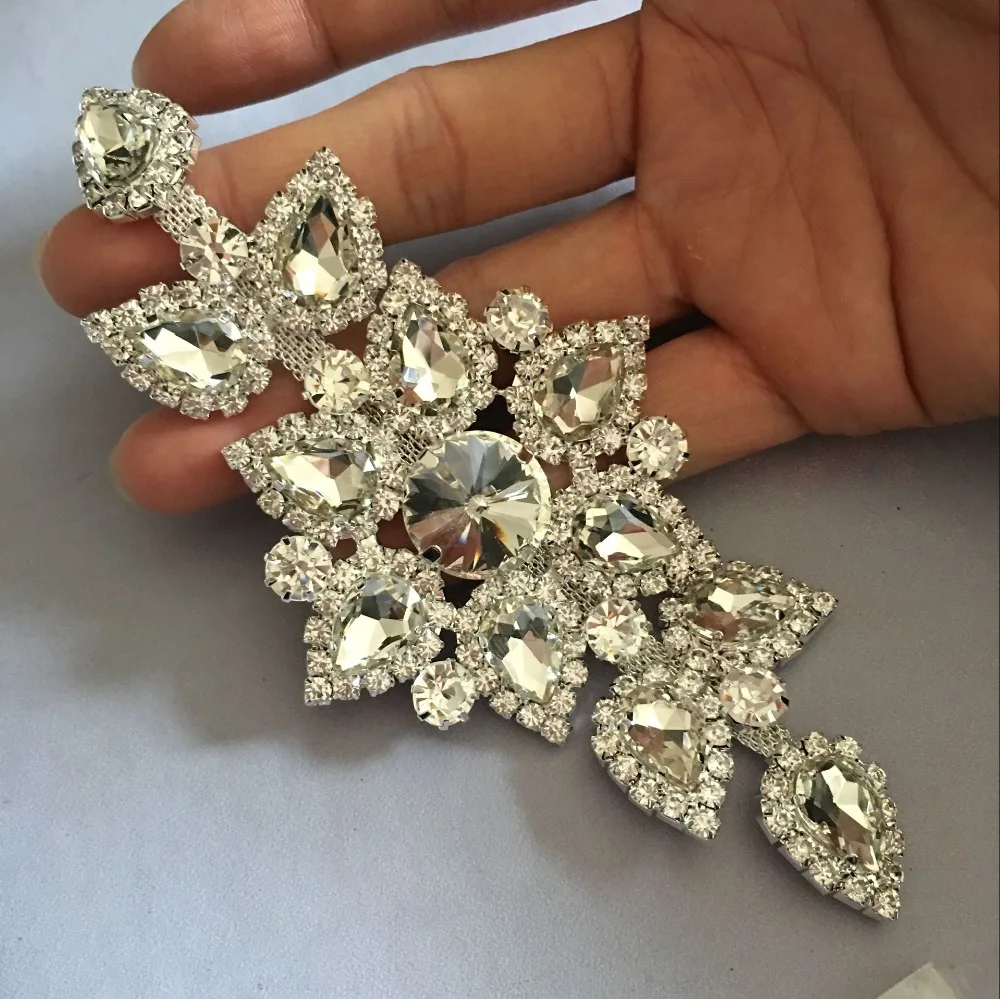 Buy Rhinestone Applique 1pcs 14X6cm crystal rhinestone silver base sew on