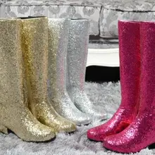 Женские шикарные колено высокие сапоги пайетки сапоги ночной клуб сапоги В рыцарском стиле модели звезды свадебные женские ботинки с высоким голенищем Большие размеры 45 пользовательских