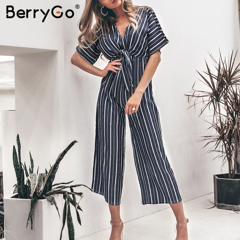 

BerryGo Vintage striped women rompers v neck long jumpsuit Summer sashes short sleeve overalls wide leg office jumpsuits romper