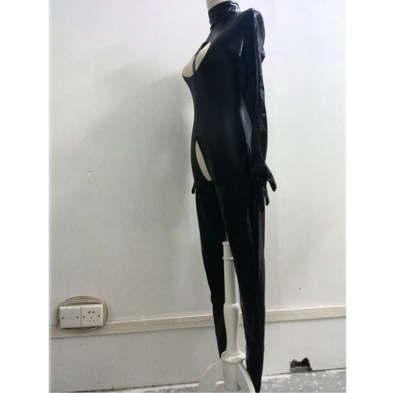  Sexy PVC Latex Catsuit Women Black wetlook Faux Leather Open Bust Bodysuit gay hot erotic Costume O