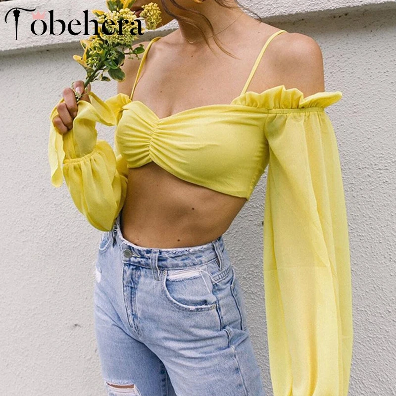 

Glamaker female off shoulder ruffles top Elegant yellow bodycon backless cami shirt Women flare sleeve shir streetwear crop top