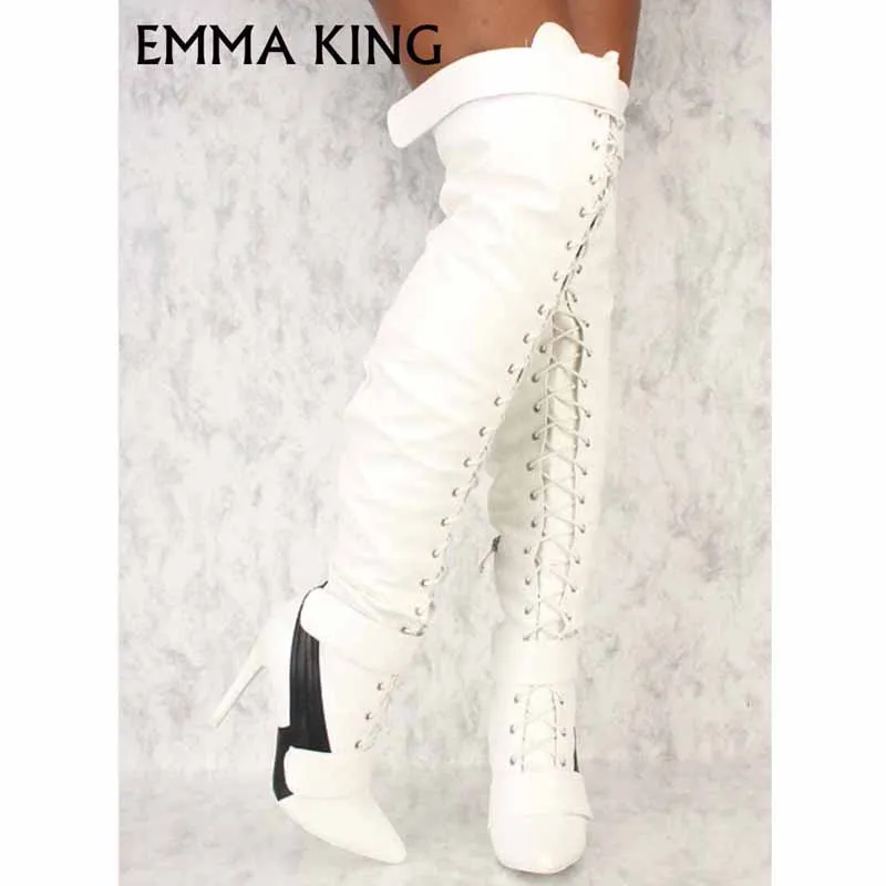 white lace up thigh high boots