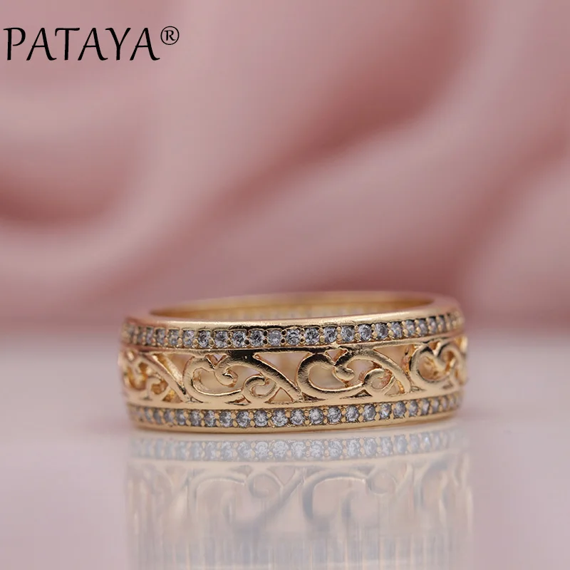Goedkoop PATAYA Nieuwkomers 585 Rose Gold Dubbele Rij Micro wax Inlay Natuurlijke Zirkoon Hollow Ringen Vrouwen Wedding Party Trendy fijne Sieraden