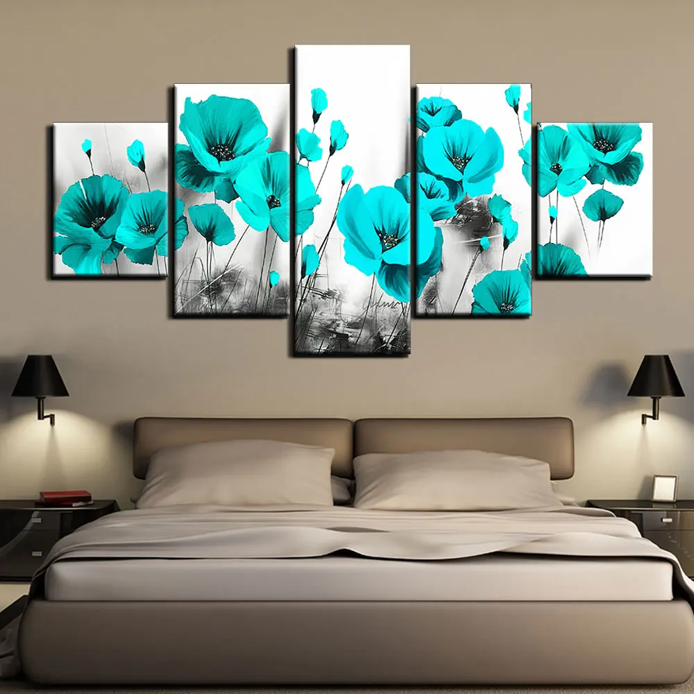 5 pieces canvas painting Black and white blue flower Picture wall