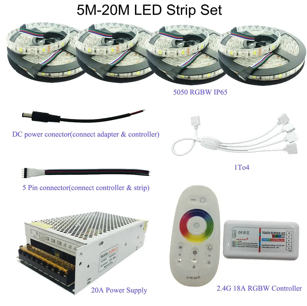 

5M/10M/15M/20M 5050 RGB/RGBW/RGBWW LED Strip Set With 2.4G Touch Screen RF Remote Controller+12V Power Supply Adapter