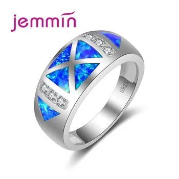 

Classic Brand Jewelry Fine 925 Sterling Silver Ring for Women Inlaid Round CZ Crystal Fashion Blue Opal Ring Wide Loop