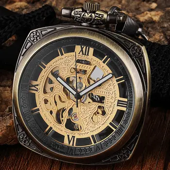 

High Quality Bronze Steampunk Vinage Mechanical Pocket Watch Chain Necklace Retro Skeleton Fob Watch Hand Winding Men Women Gift
