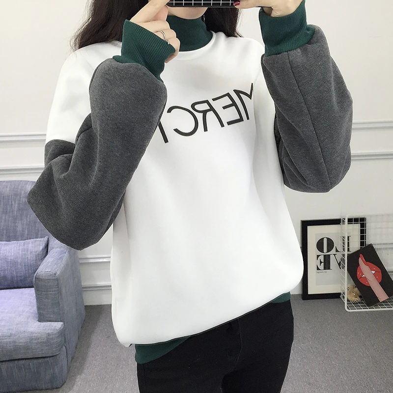 Autumn New Spell Color Stitching Harajuku Women Hoodies Pullover Fleece Loose Female Tracksuits Casual O Neck Sweatshirt | Женская