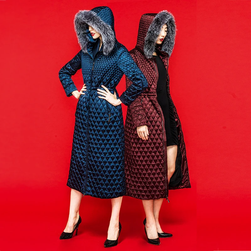 

2016 Winter Jacket Women jackets and coats womens winter coat Slim fur collar women's outerwear X-long overcoat plaid thicken