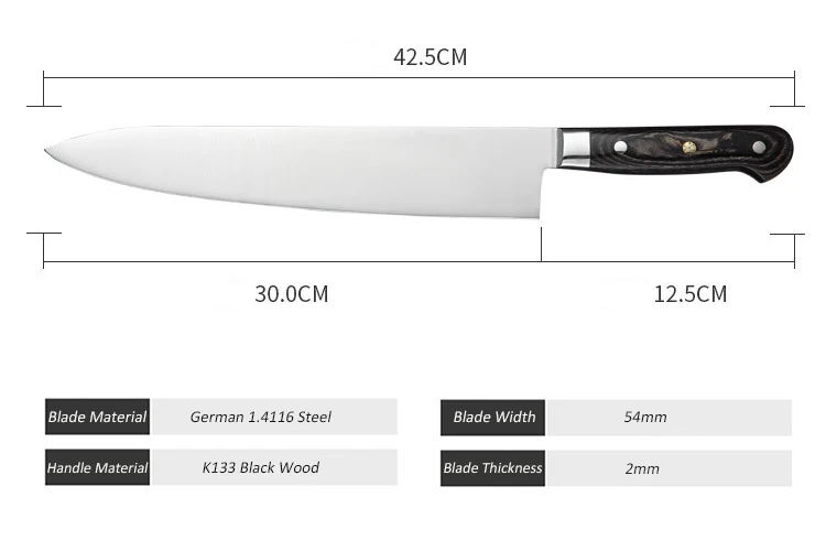 Кухонный нож, 12 дюймов, нержавеющая сталь, поварские ножи, немецкая сталь, 1,4116, черная деревянная ручка, режущие кулинарные кухонные принадлежности, инструмент