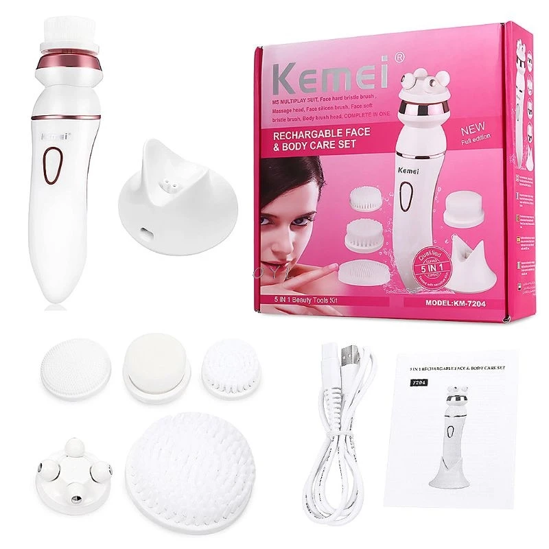

Kemei 5-in-1 Electric Facial Cleaning Brush Kit Waterproof Female Face Cleaner USB Charging 2019 newest